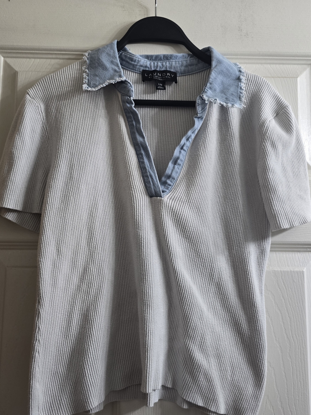 Laundry By Shelli Segal Gray Ribbed Polo with Frayed Denim Collar